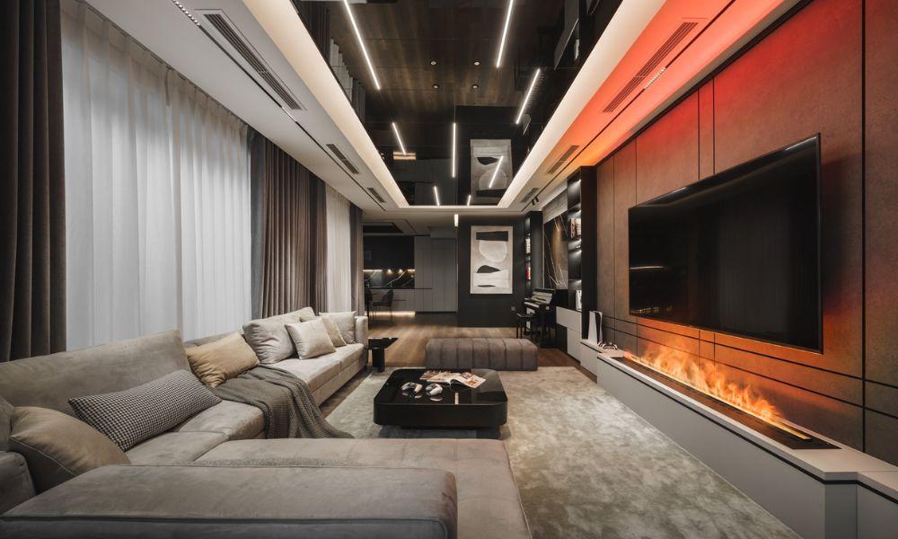 Thiết kế phòng khách hiện đại với lò sưởi trang trí 4D lắp âm tường sang trọng